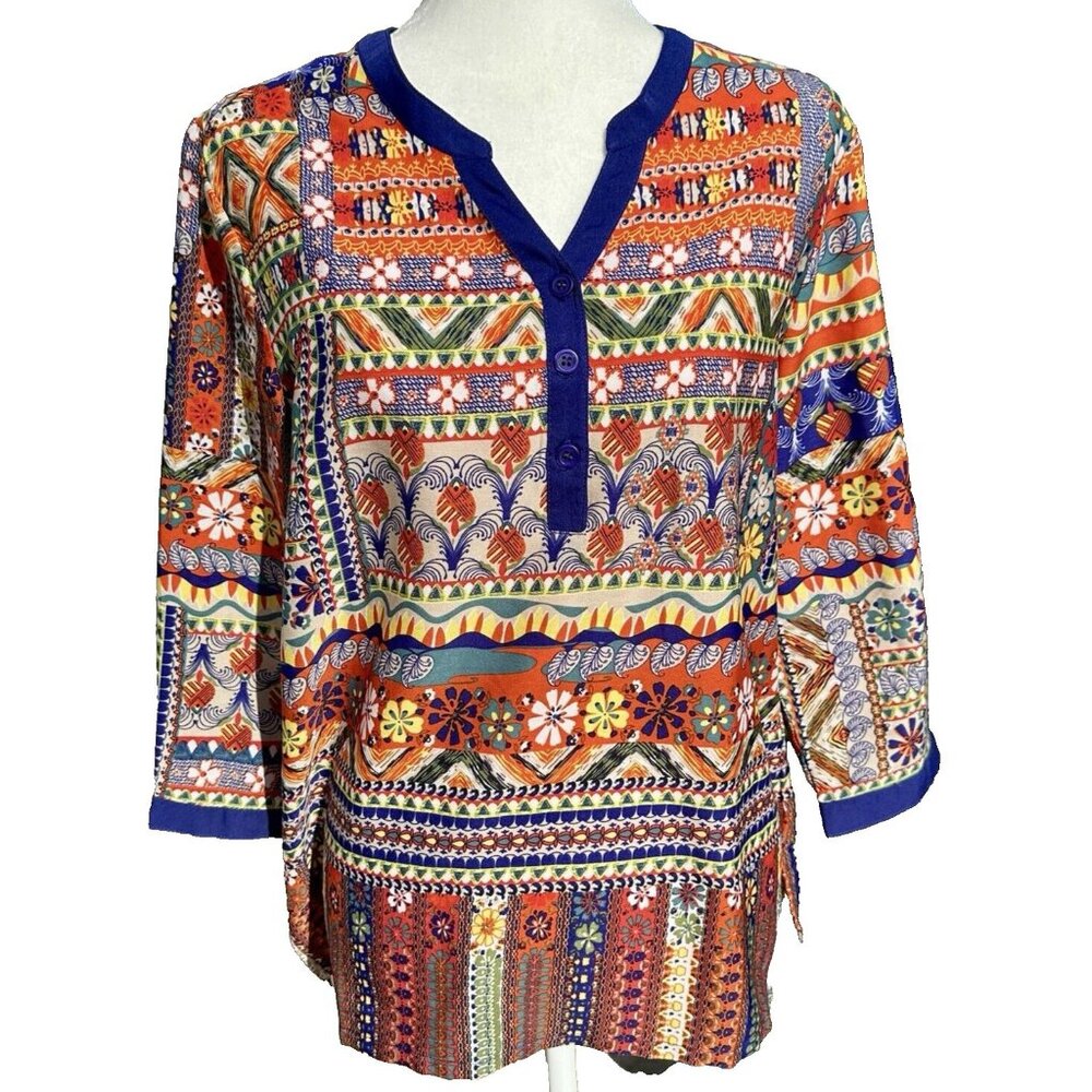 Serengeti Tribal Aztec Print Tunic Size L Multi Color Top Popover Blouse SW Vibe